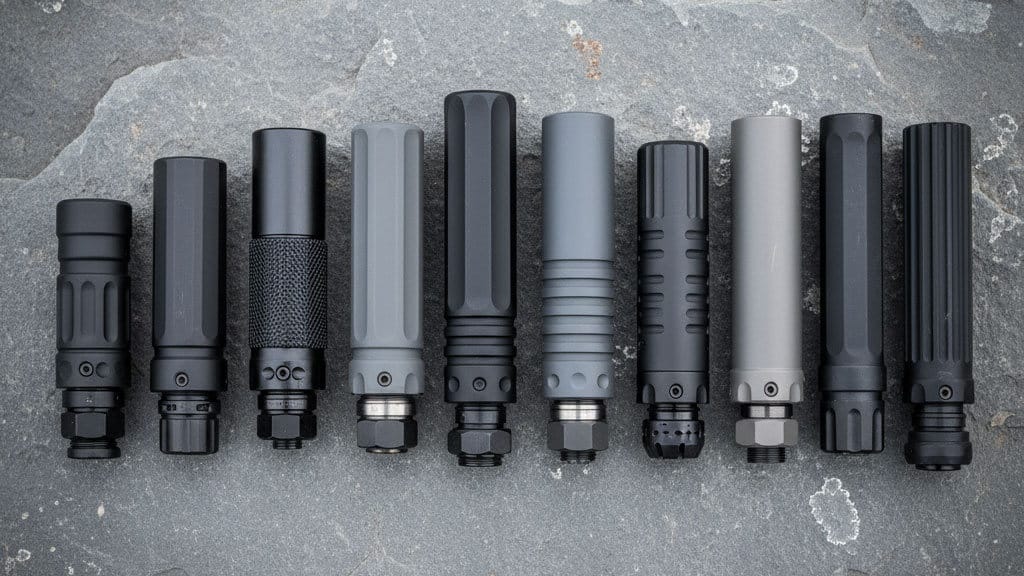 several rifle suppressors laid out on a rock for comparison