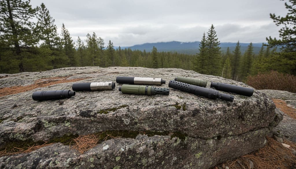several rifle silencers laid out along a rock for comparison in a wilderness setting on a cloudy day