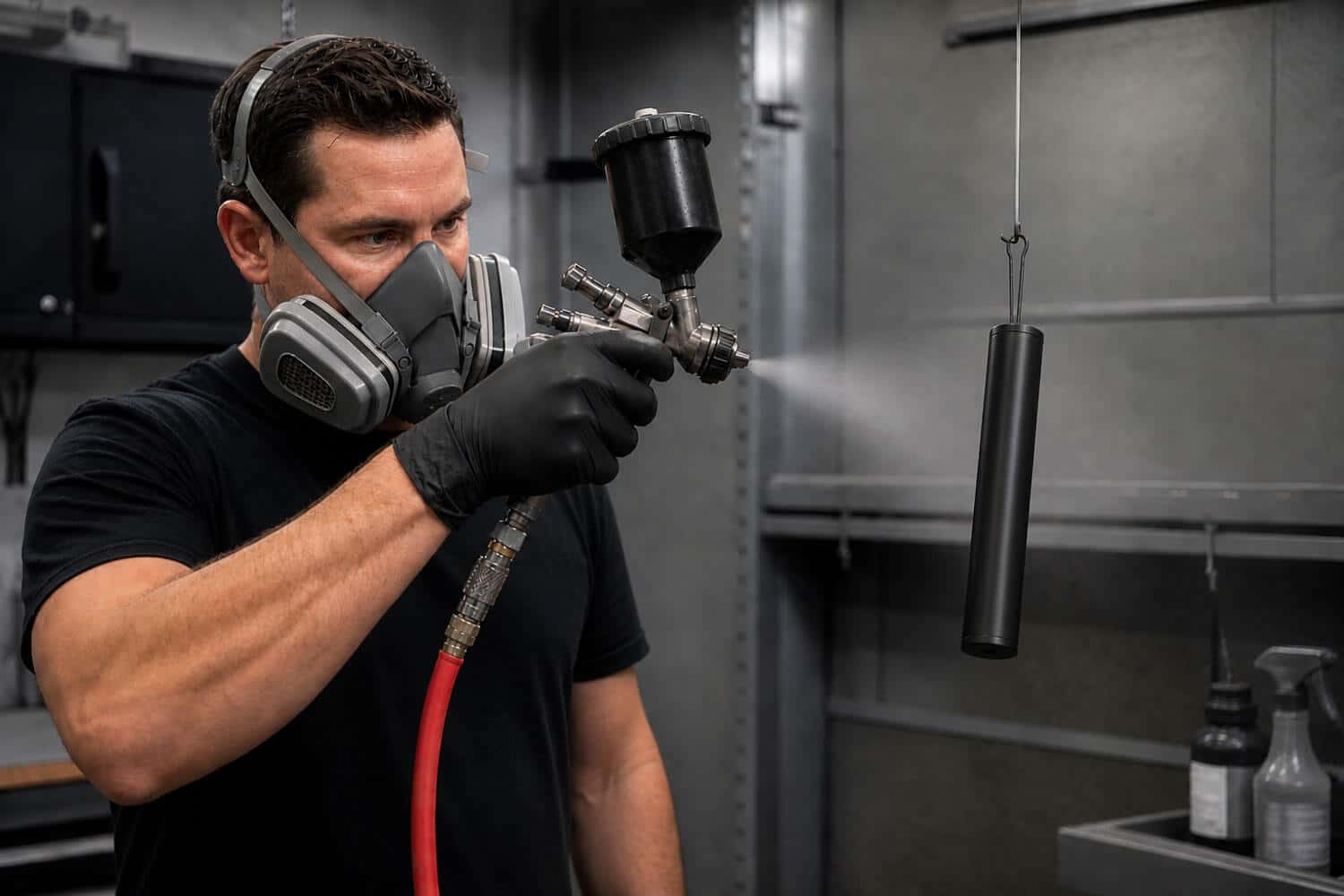 man spraying cerakote type-c on rifle suppressor